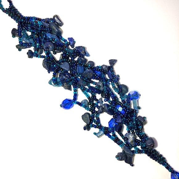 HANDMADE Lapis Lazuli Pebble Seed Crystal Bead Beaded Bracelet Peacock Blue NEW! - Picture 9 of 12